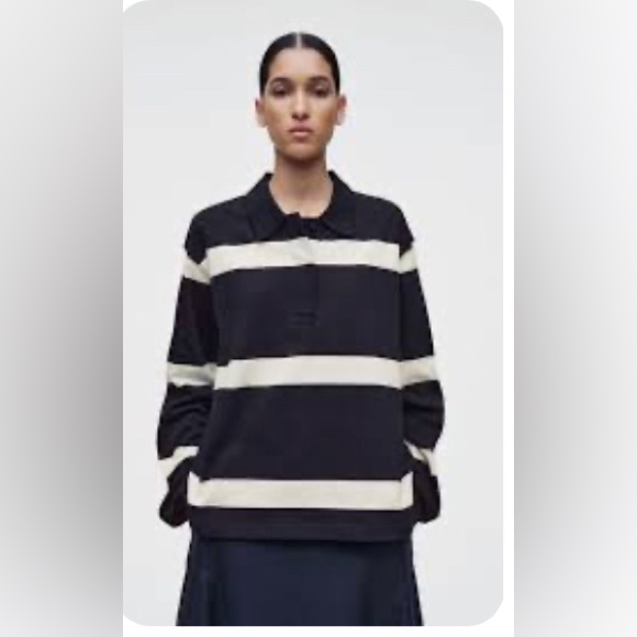Cos Womens Navy Relaxed Striped Long-Sleeved Polo Rugby Shirt M Cotton Preppy